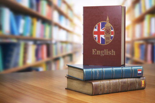 Learn,English,Concept.,English,Dictionary,Book,Or,Textbok,With,Flag